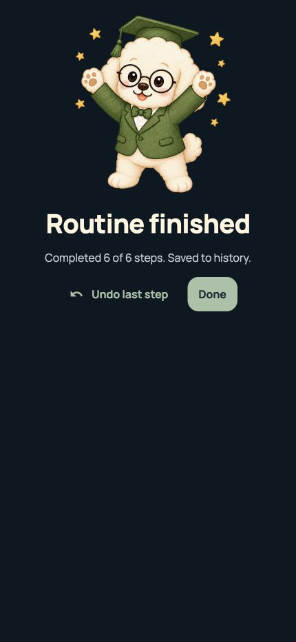 Web demonstration: Professor Ary celebrating a completed six-step routine saved to History.